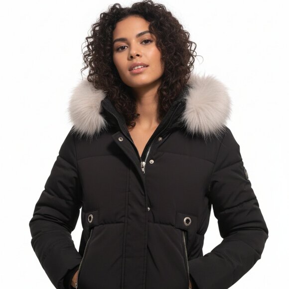 🧥 Women's Black Winter Puffer Coat with Faux Fur Hood - Size M - Picture 1 of 8